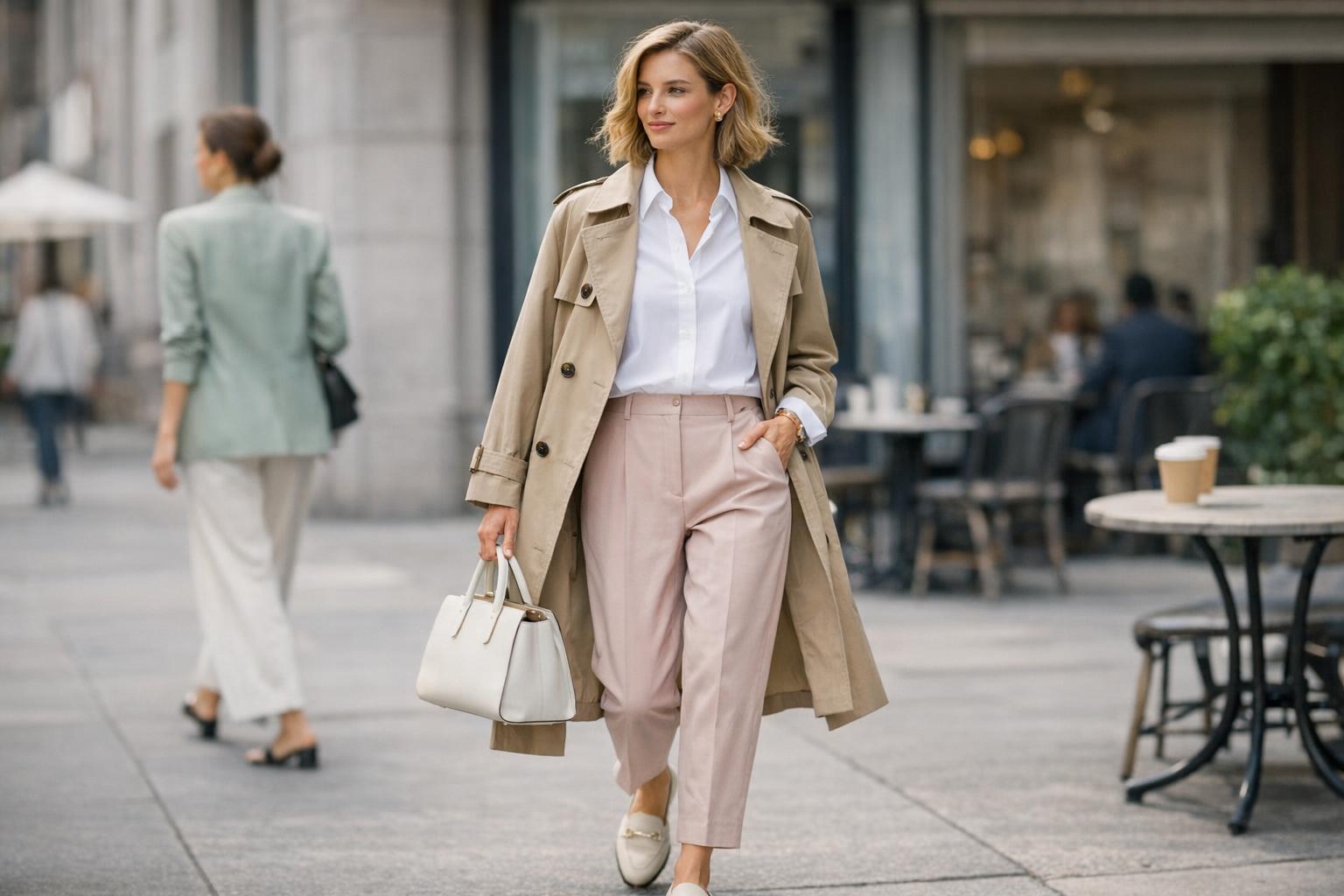 Chic spring outfits with trench coat, midi dress, and slingbacks styled with a structured bag on a city street