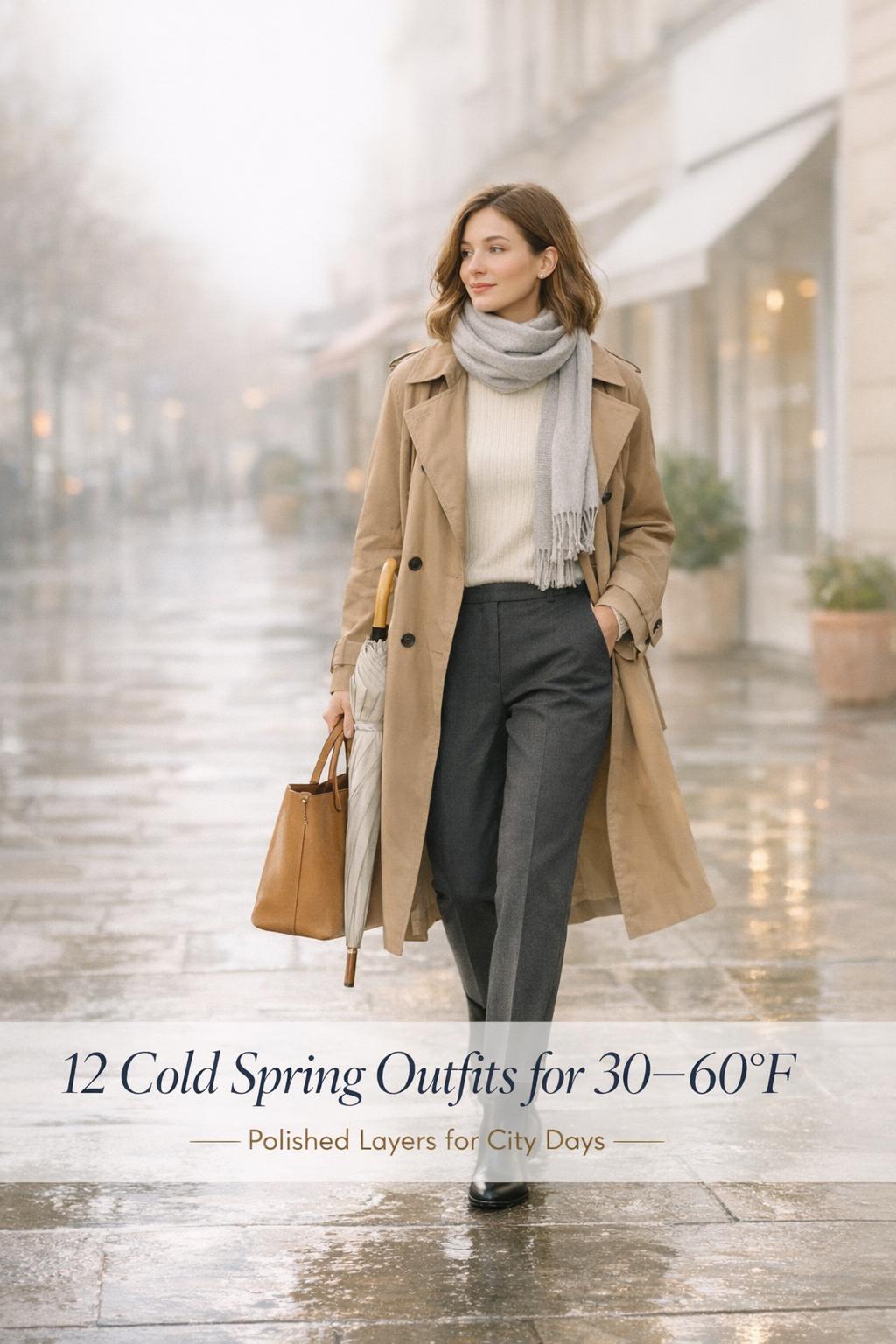Cold spring outfits on a rainy city sidewalk: woman in camel trench, ivory turtleneck, charcoal trousers, boots.