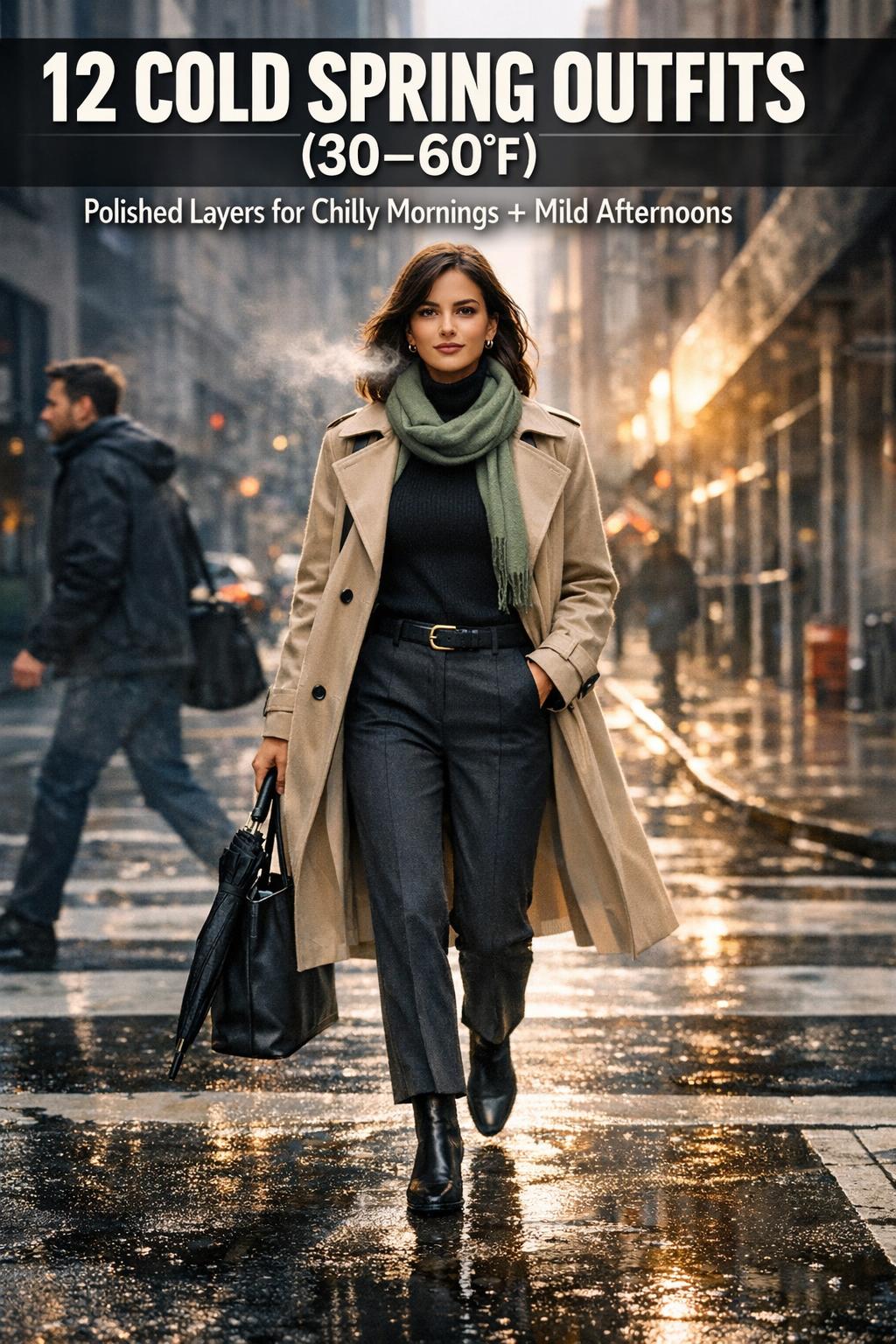 Cold spring outfits featuring a light trench coat, knit sweater, jeans, and ankle boots on a bright breezy day