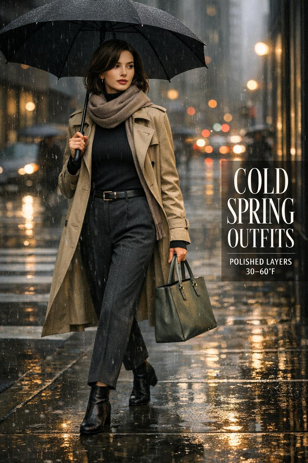 Cold spring outfits: stylish woman in trench coat with umbrella on rainy city sidewalk, polished layers and tote