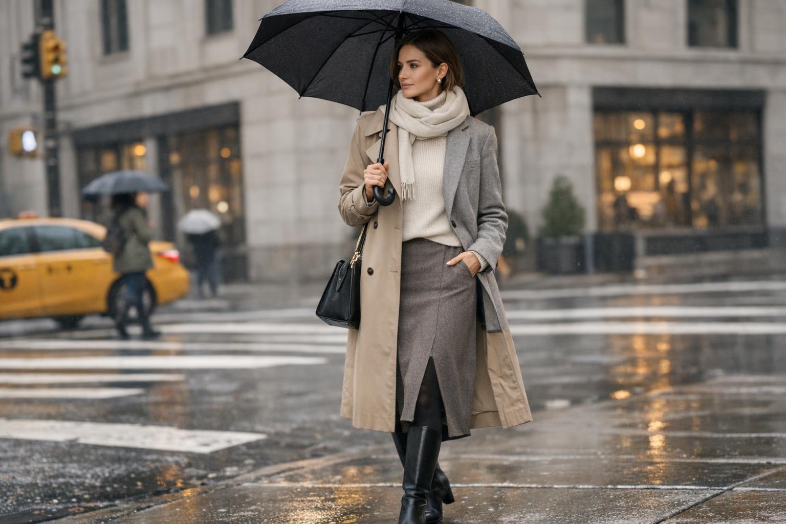 Cold spring outfits with a trench coat over knitwear and a midi skirt, finished with tights and ankle boots