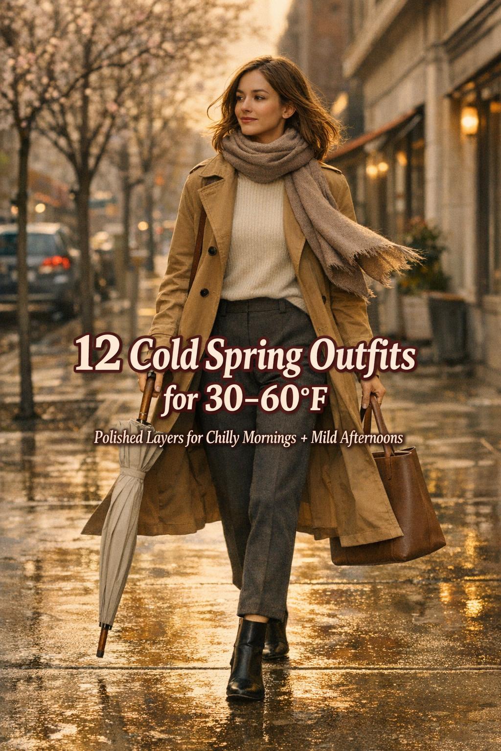 Cold spring outfits inspiration: woman in camel trench, cream turtleneck, charcoal trousers and boots on a rainy city sidewalk