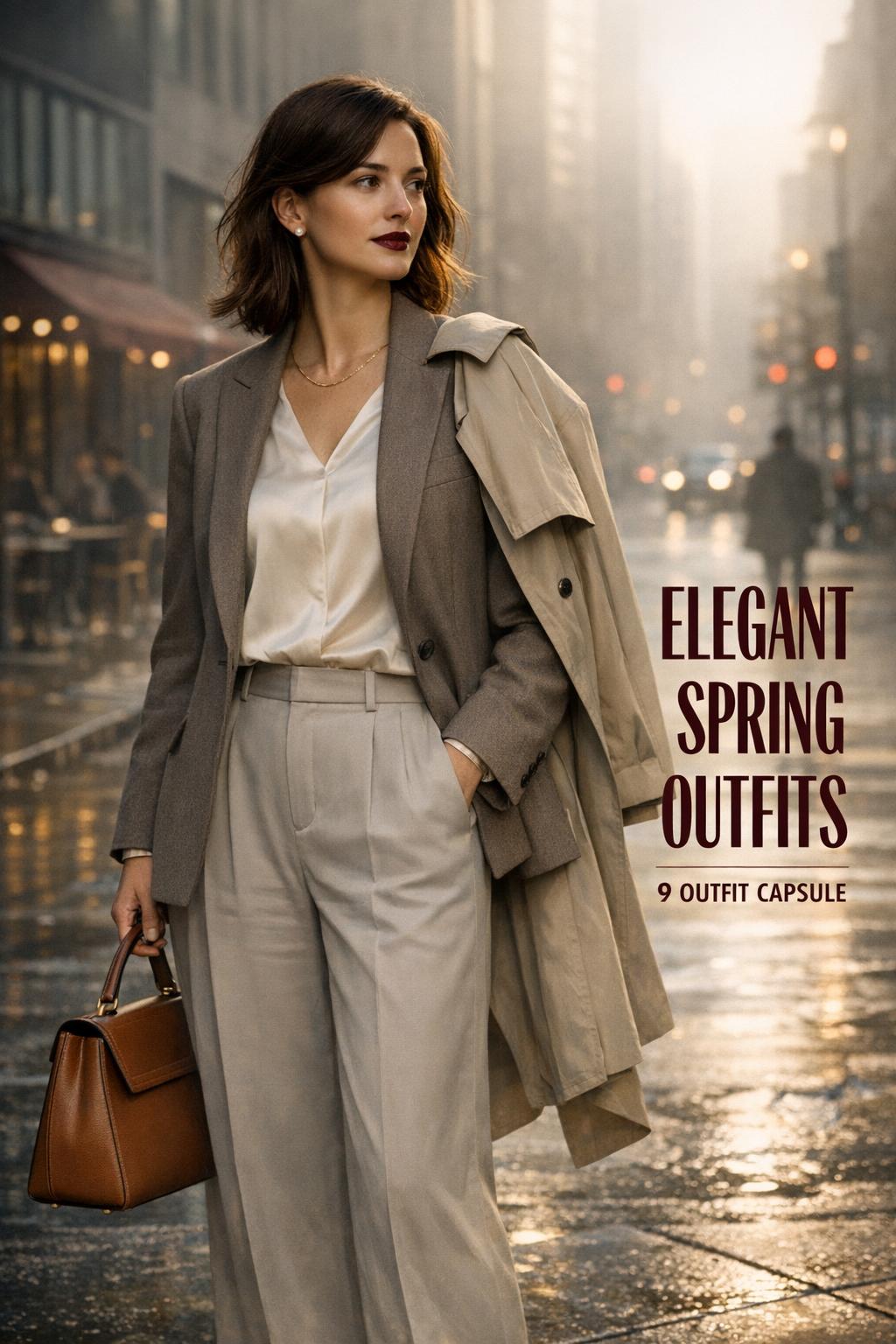 Elegant spring outfits editorial photo of a woman in cream blouse and taupe blazer on a misty city sidewalk