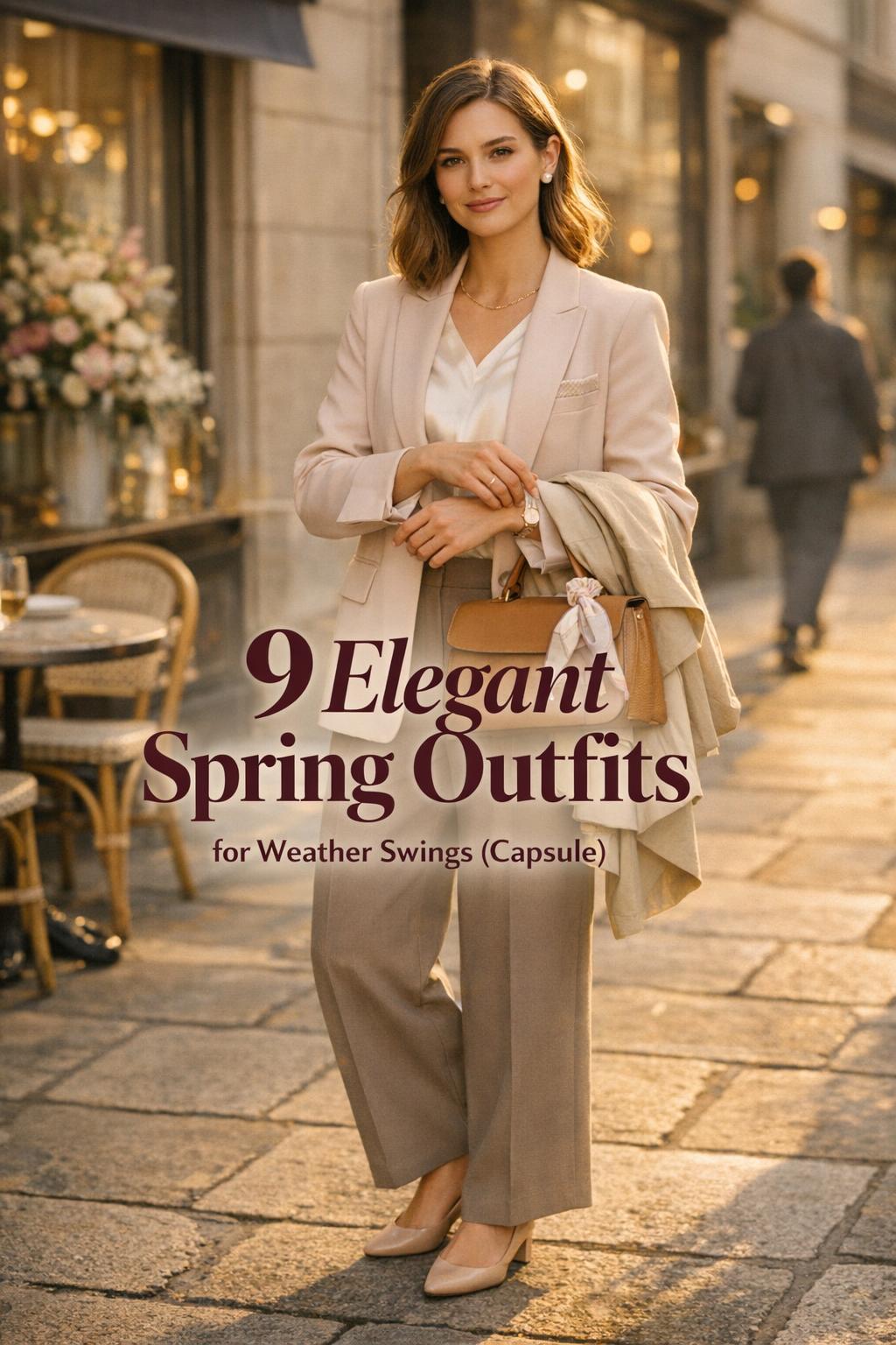 Elegant spring outfits on a stylish woman in blush blazer and taupe trousers at a golden-hour city sidewalk café