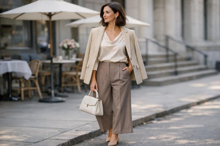 Elegant spring outfits with a satin blouse, wide-leg trousers, and a neutral trench coat for unpredictable US weather