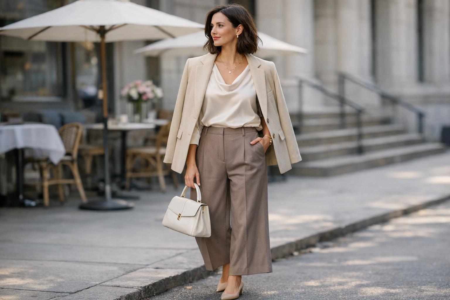 Elegant spring outfits with a satin blouse, wide-leg trousers, and a neutral trench coat for unpredictable US weather