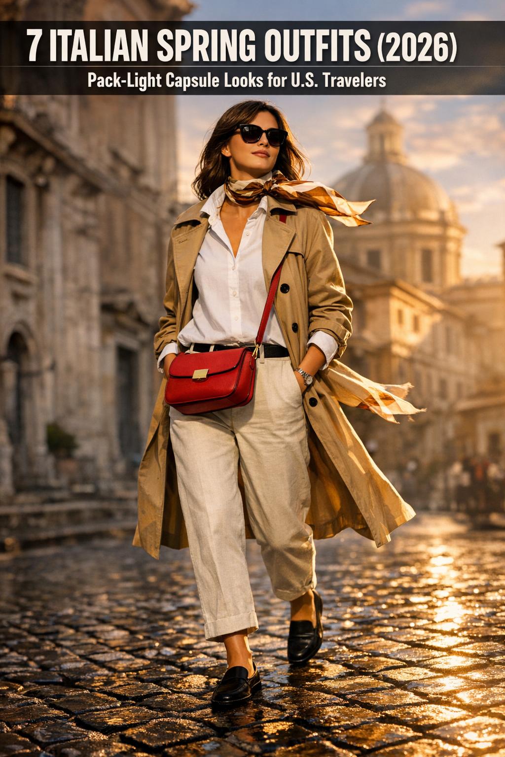 Italian spring outfits in a sunlit cobblestone street, featuring chic layered looks with light trench coats and scarves