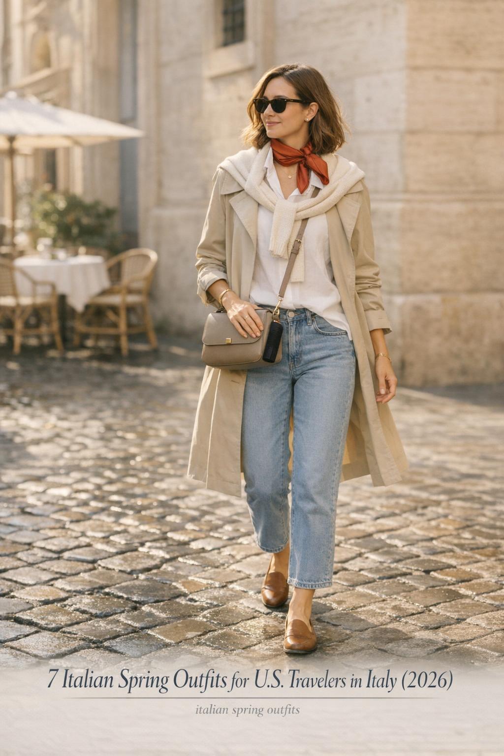 Italian spring outfits street style in Rome: woman in beige trench coat and jeans on cobblestones near a café terrace