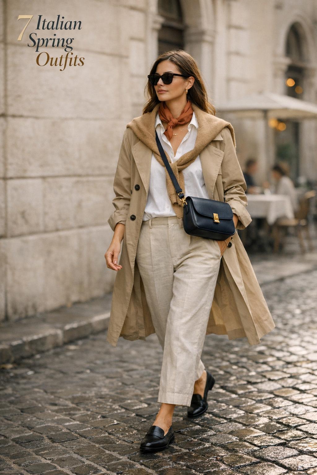 Italian spring outfits street style in Rome: traveler in beige trench, light-wash jeans, loafers on cobblestones
