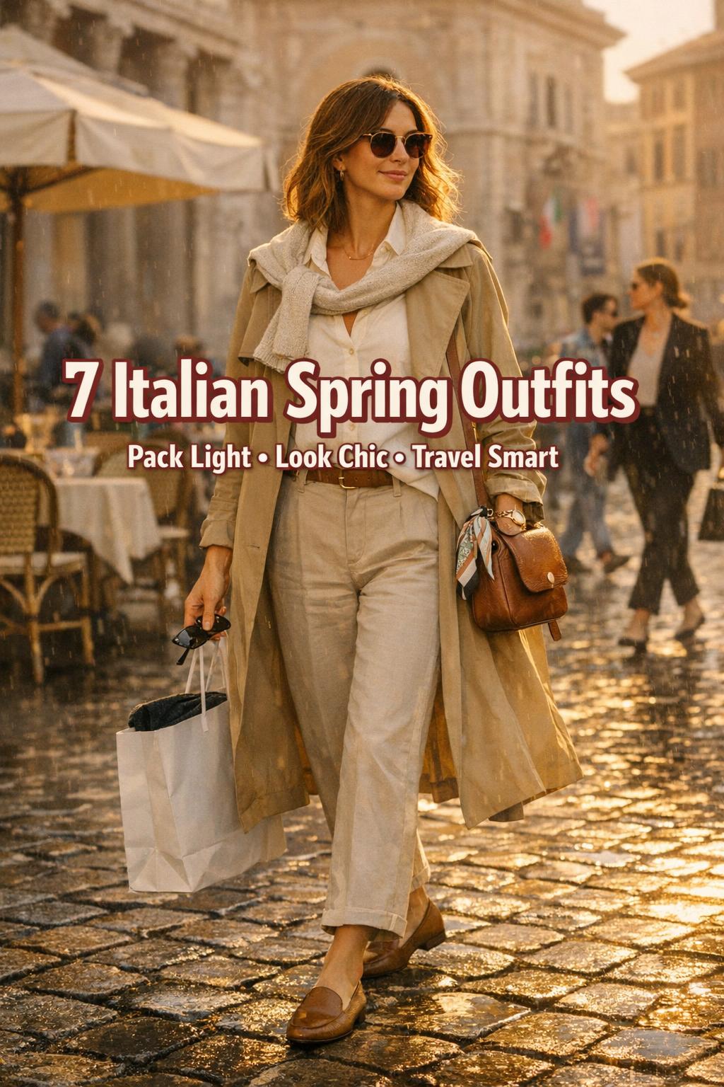 Italian spring outfits idea: stylish female traveler in trench coat walking Rome cobblestones by a café at golden hour
