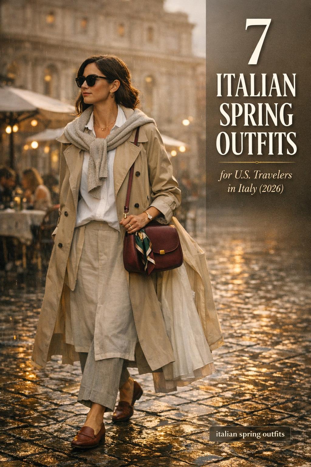 Italian spring outfits lookbook: U.S. traveler in beige trench walking rain-kissed Rome cobblestones by a terrace café