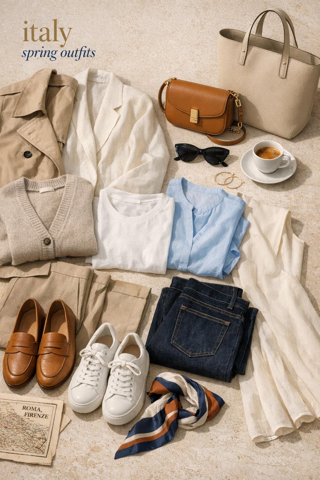italy spring outfits flat lay on warm stone with trench coat, linen blazer, jeans, loafers, scarf, map and espresso