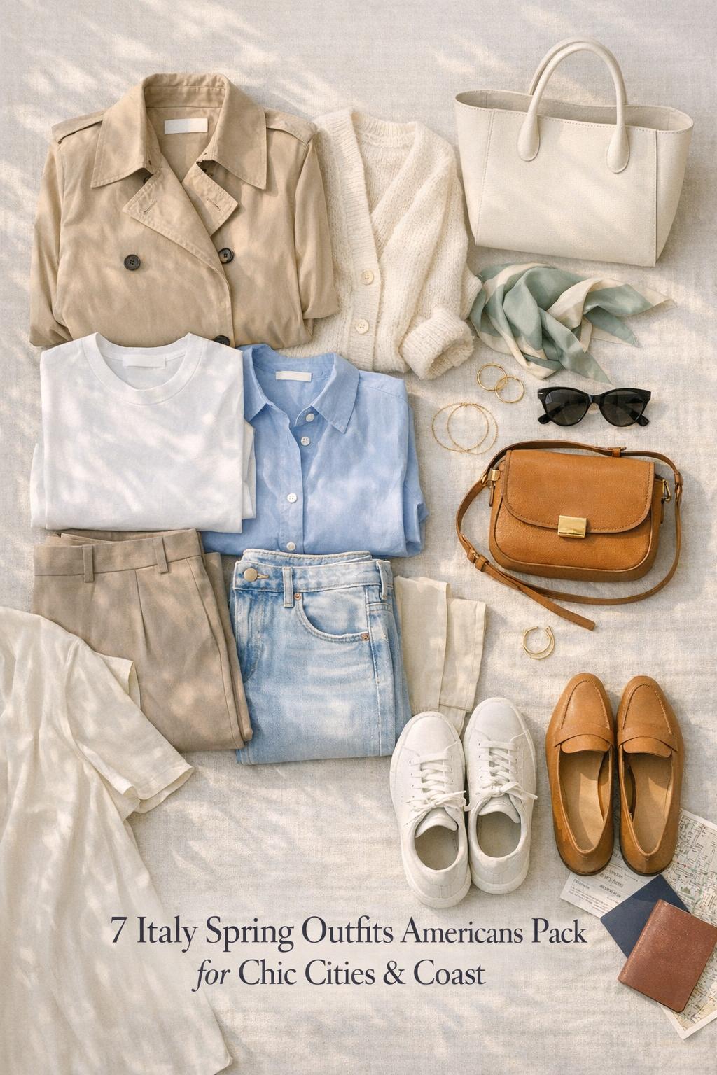 Italy spring outfits flat lay with beige trench, neutral capsule wardrobe, accessories, and travel ticket in airy daylight