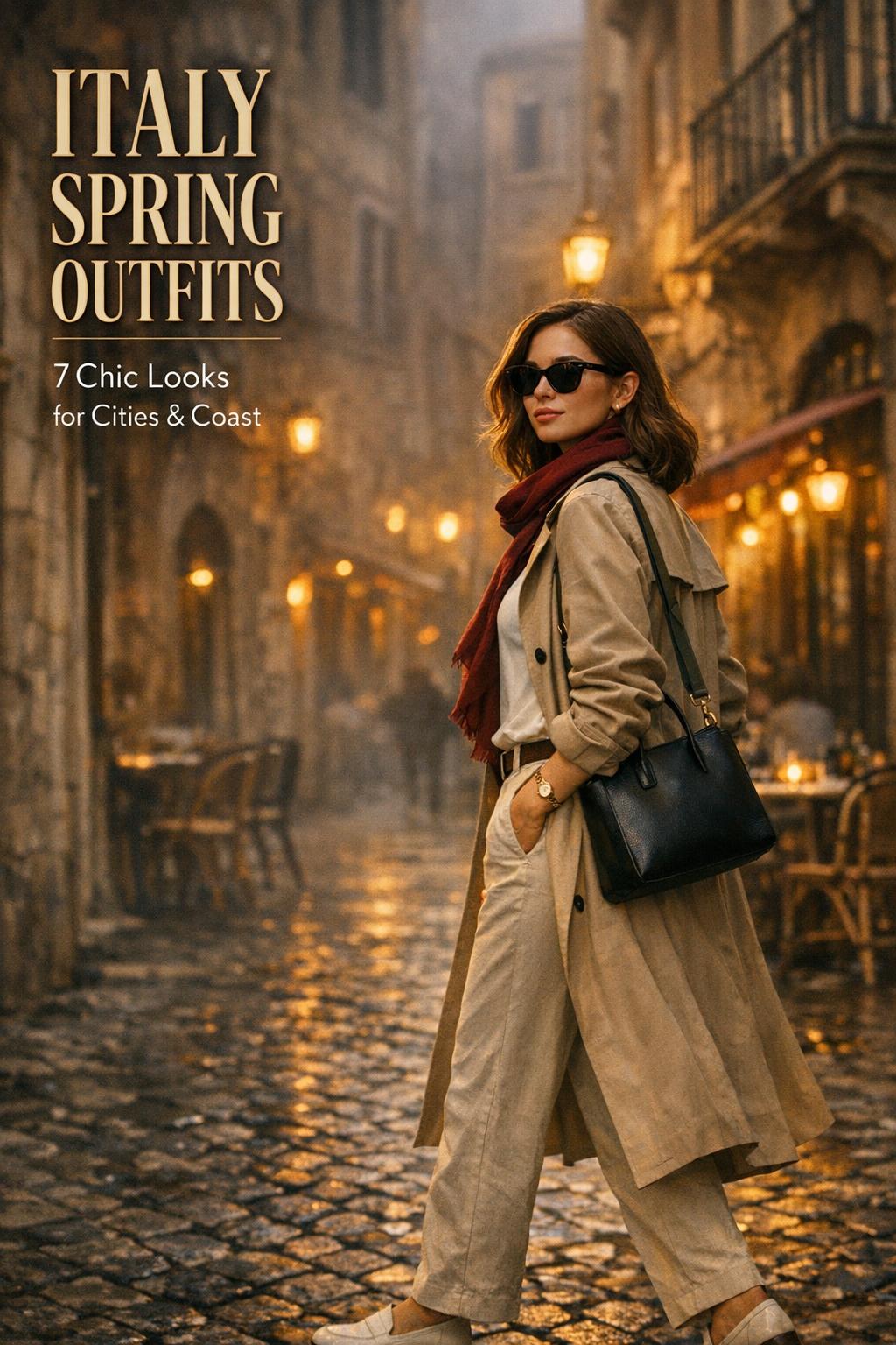 Italy spring outfits traveler in beige trench coat on a cobblestone street in Rome at golden hour with moody cinematic light