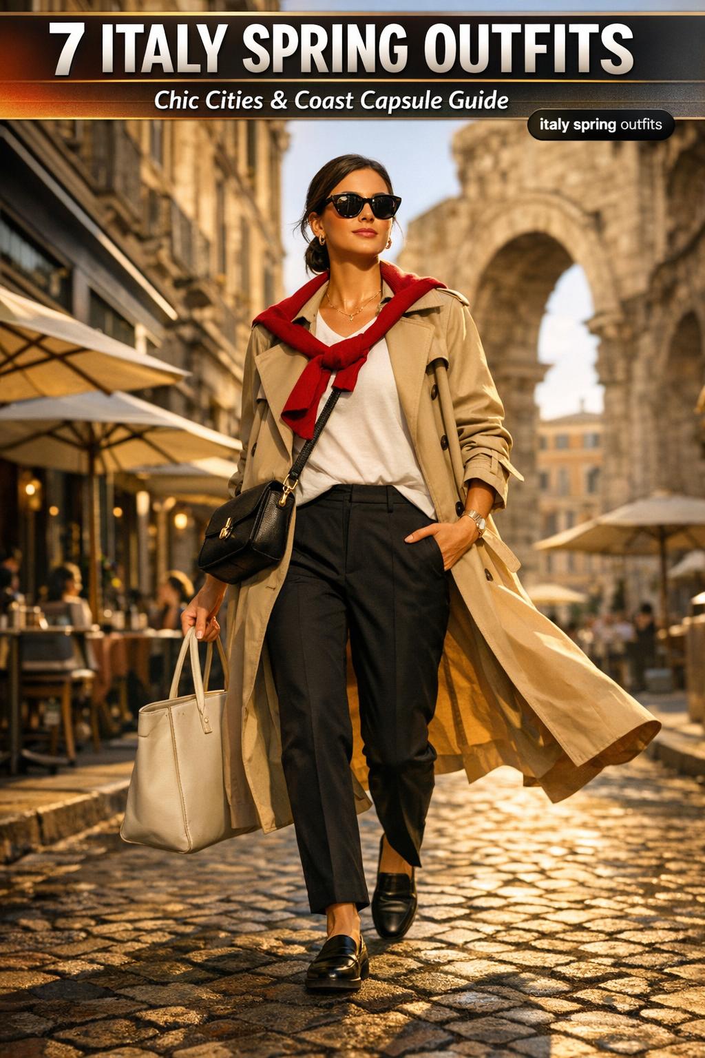 Italy spring outfits styled on a traveler in a sunlit Italian street, light layers and neutral tones
