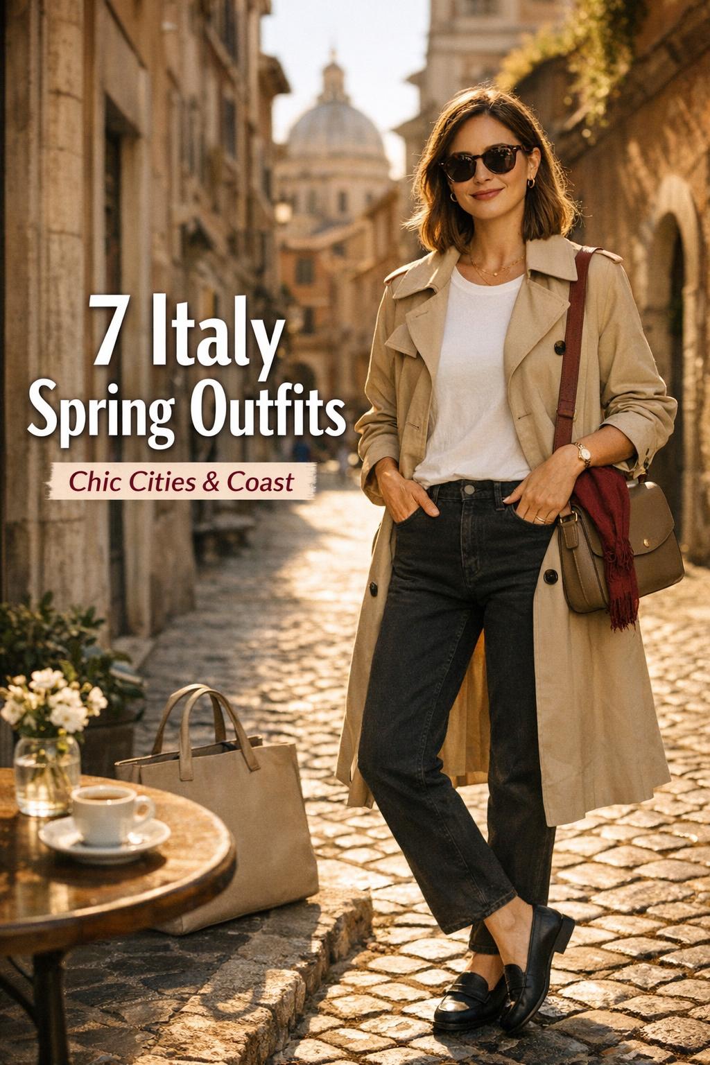 Italy spring outfits traveler in beige trench on a sunlit Italian cobblestone street with espresso café table in golden-hour light