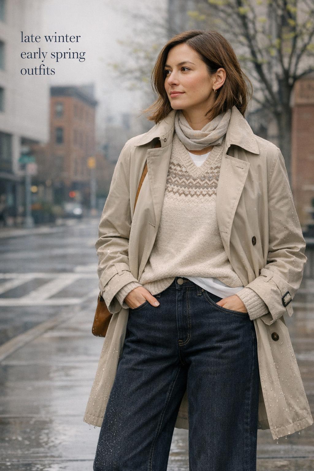 Late winter early spring outfits on a stylish woman in a beige trench coat and dark jeans on a wet city sidewalk