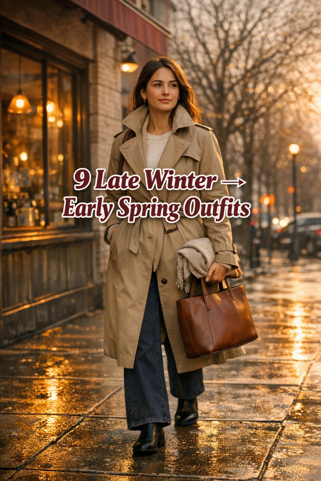 Late winter early spring outfits on a city sidewalk: woman in beige trench coat by a cozy cafe at golden hour