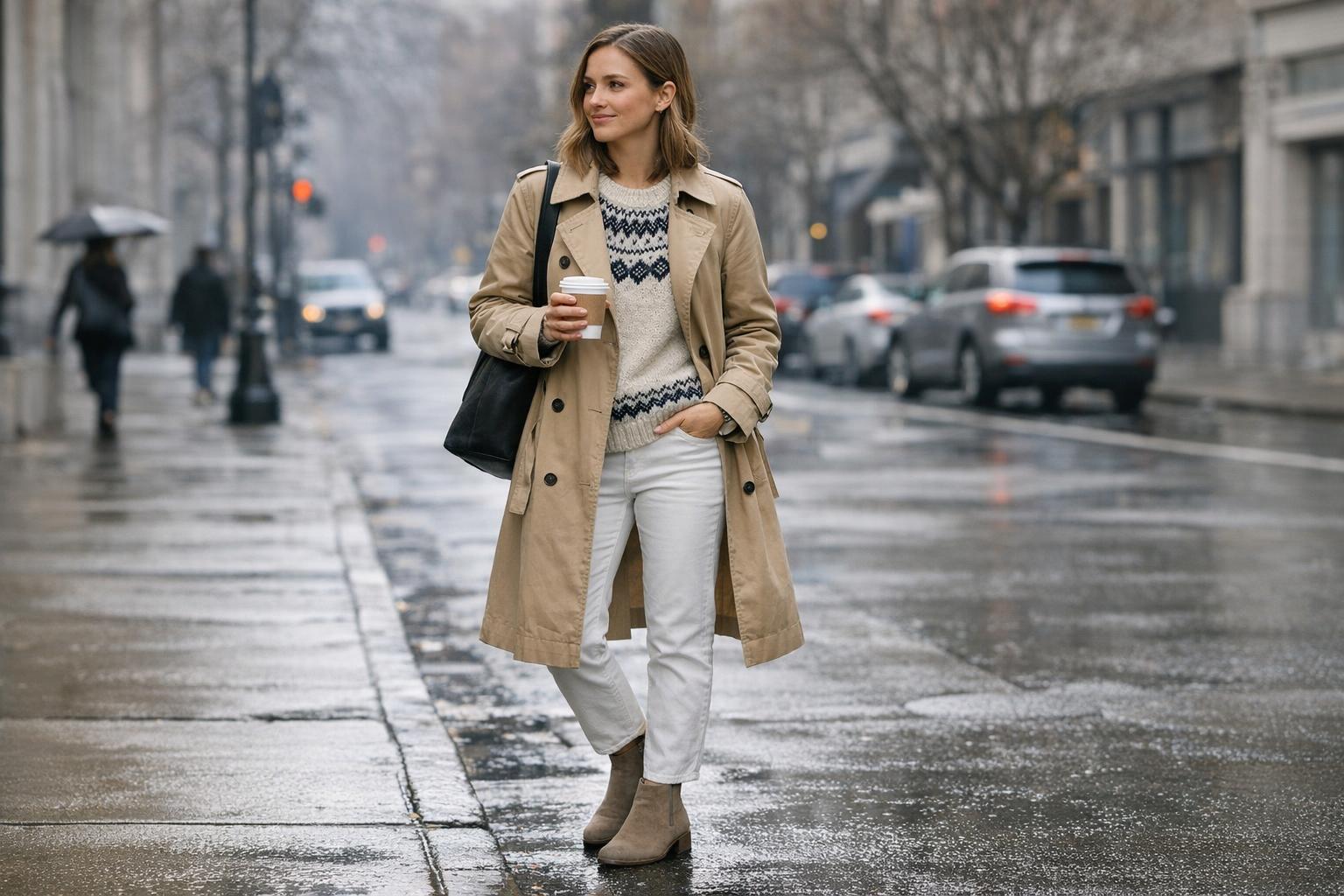 Late winter early spring outfits with a trench coat, knit sweater, dark jeans, and ankle boots on a US city street