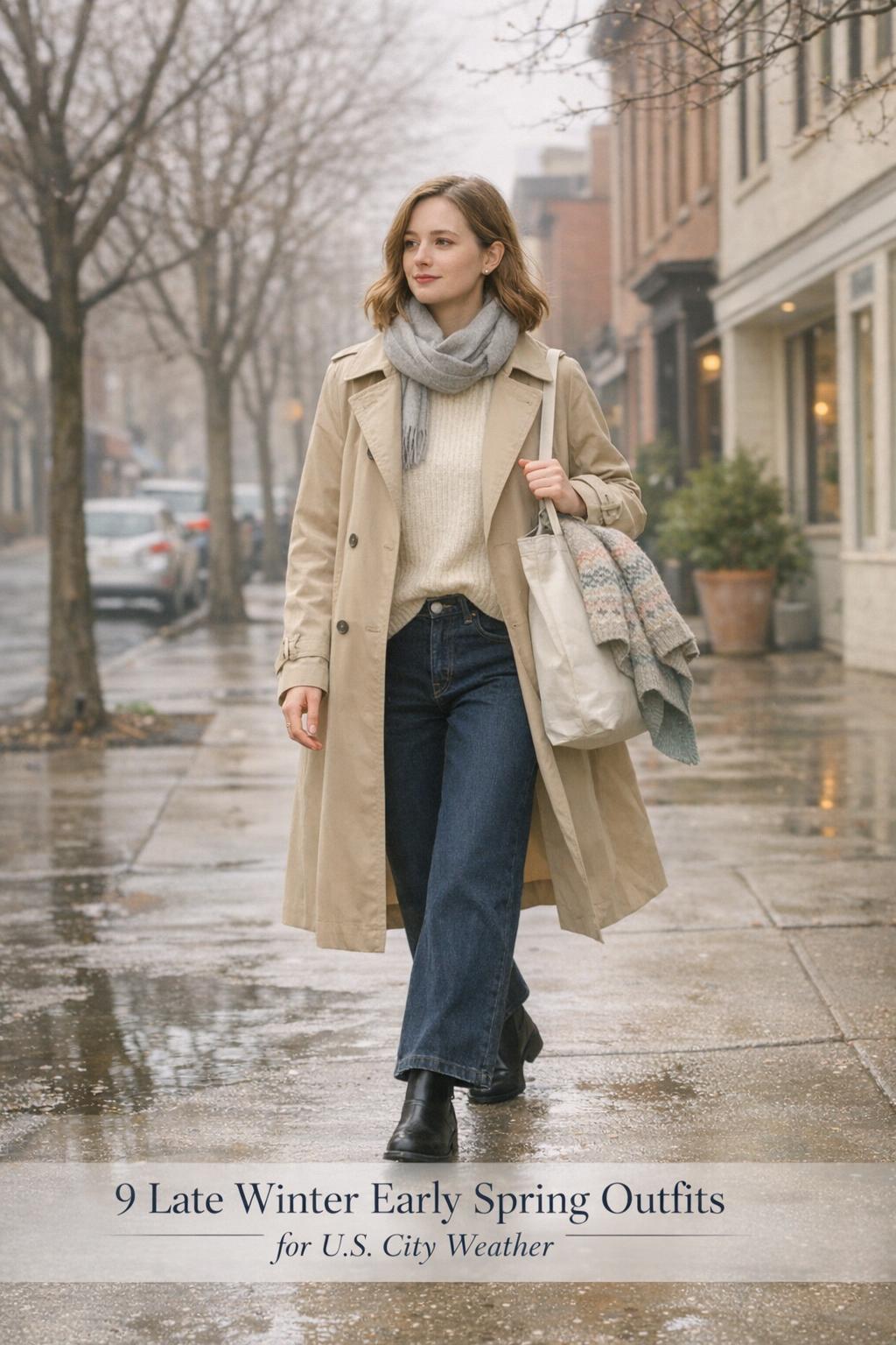 late winter early spring outfits on a U.S. city sidewalk, woman in beige trench coat and knit sweater in bright morning light