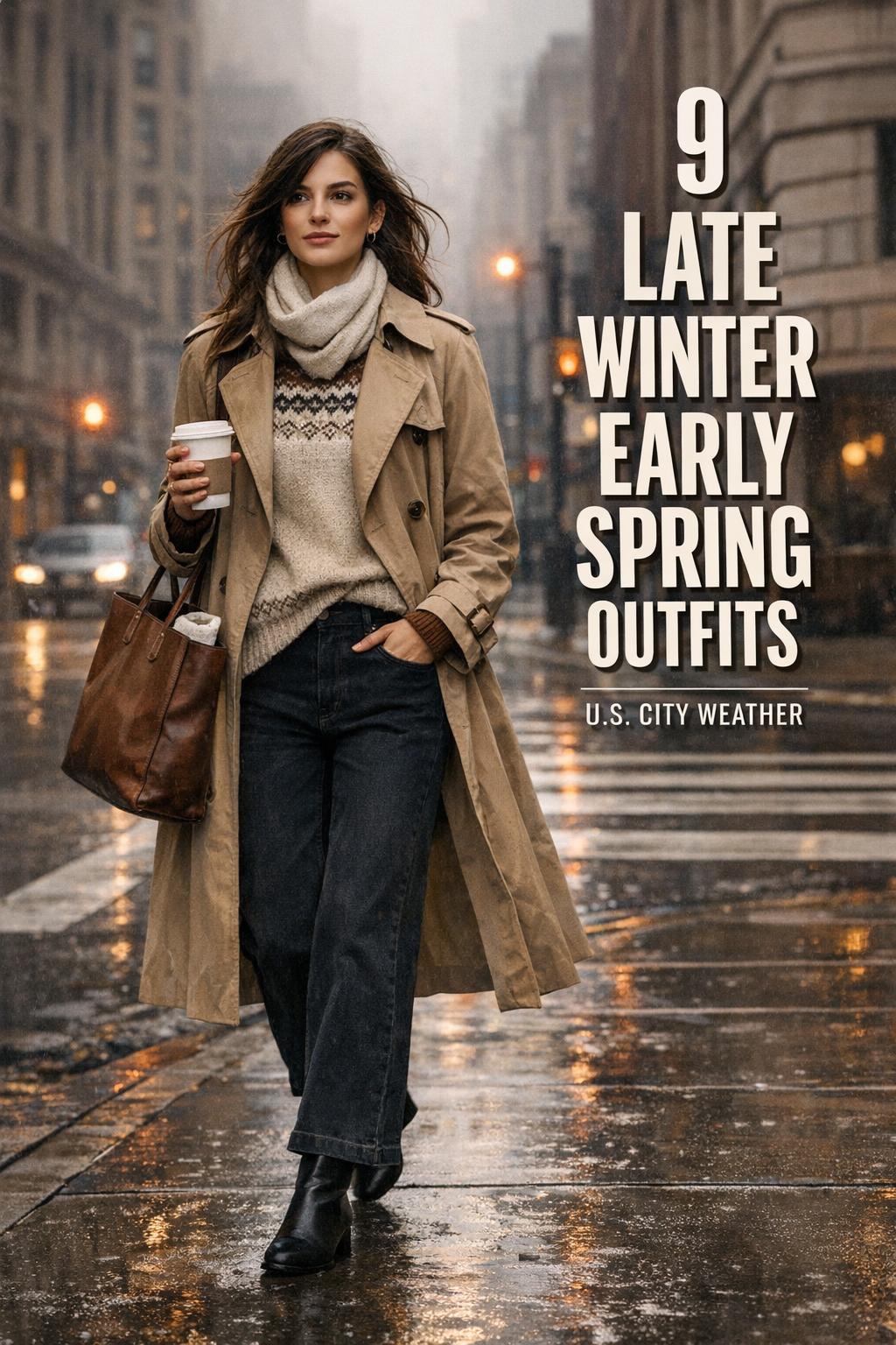 Late winter early spring outfits on a stylish woman in a beige trench coat walking a wet U.S. city street with coffee