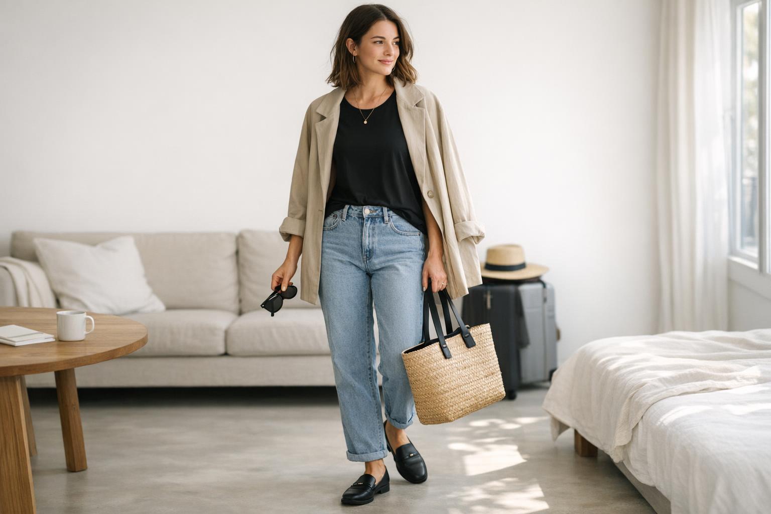 Lazy spring outfits featuring a black tee, relaxed jeans, and sneakers styled with a light jacket on a city street