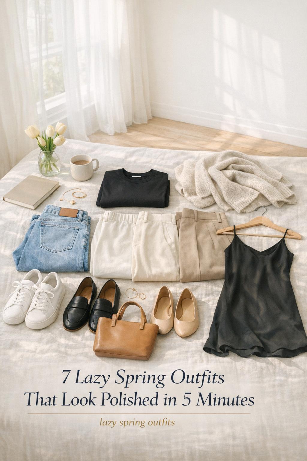 Lazy spring outfits Pinterest cover with capsule wardrobe flat lay in airy sunlit bedroom, neutral clothes and accessories