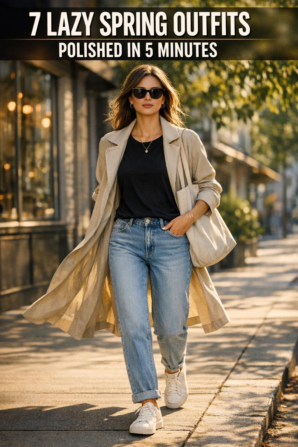 Lazy spring outfits laid out on a bed with light layers, sneakers, and a tote for an easy casual look