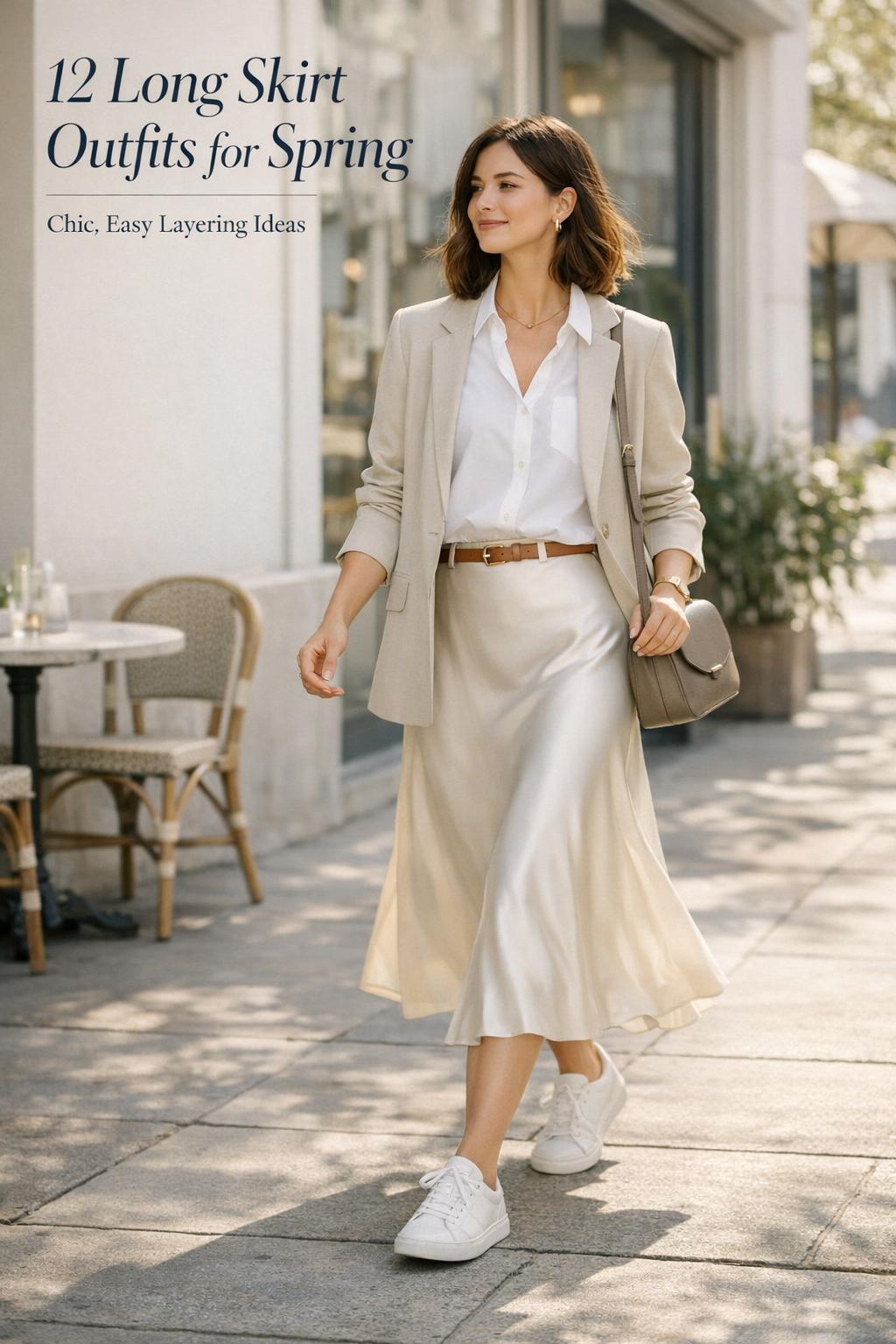 Long skirt outfits for spring featuring a woman in a cream satin midi skirt, white shirt, blazer, and white sneakers on a city sidewalk