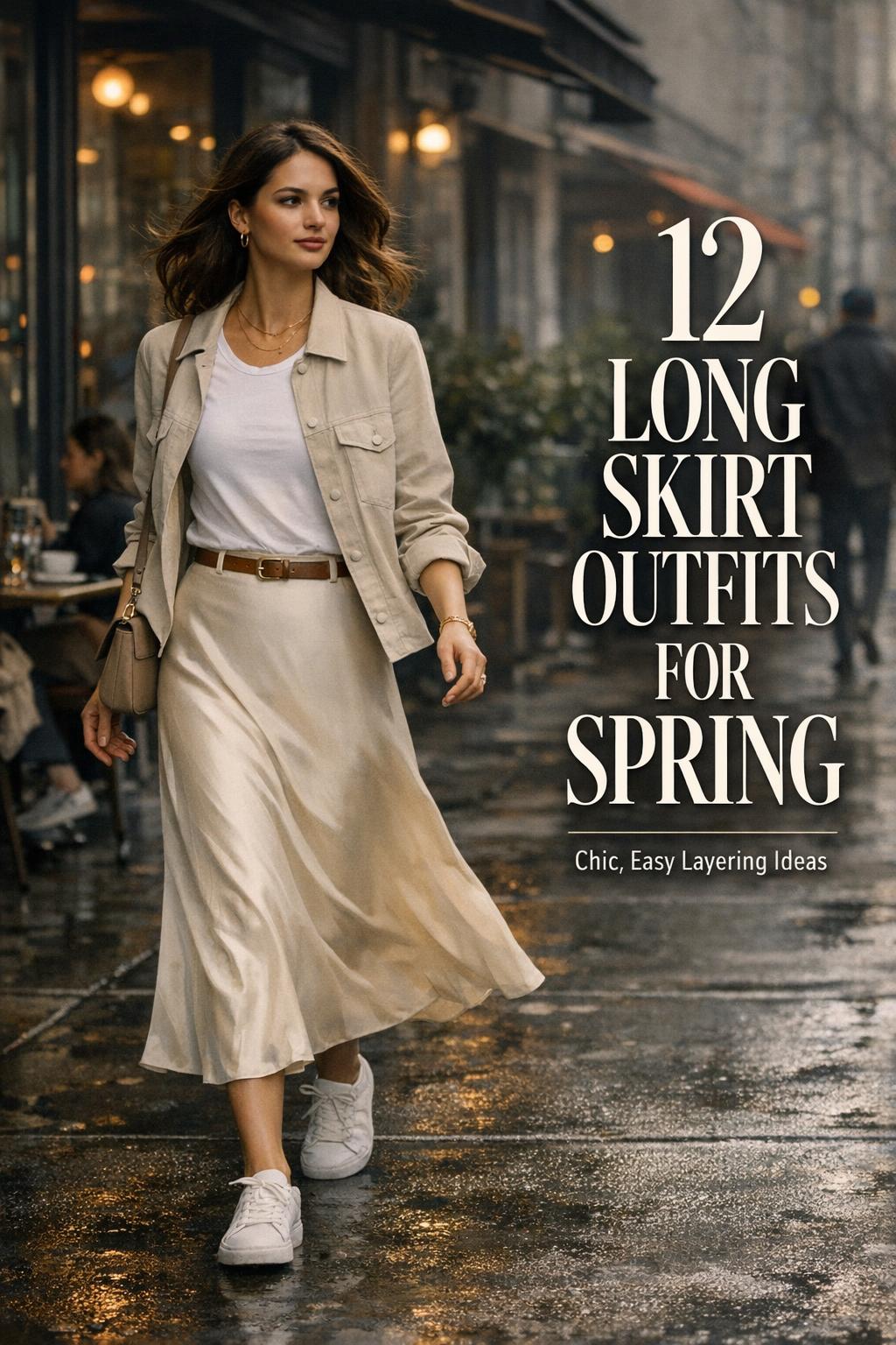 Long skirt outfits for spring featuring a stylish woman in a cream slip skirt and blazer walking past a cafe on a city sidewalk