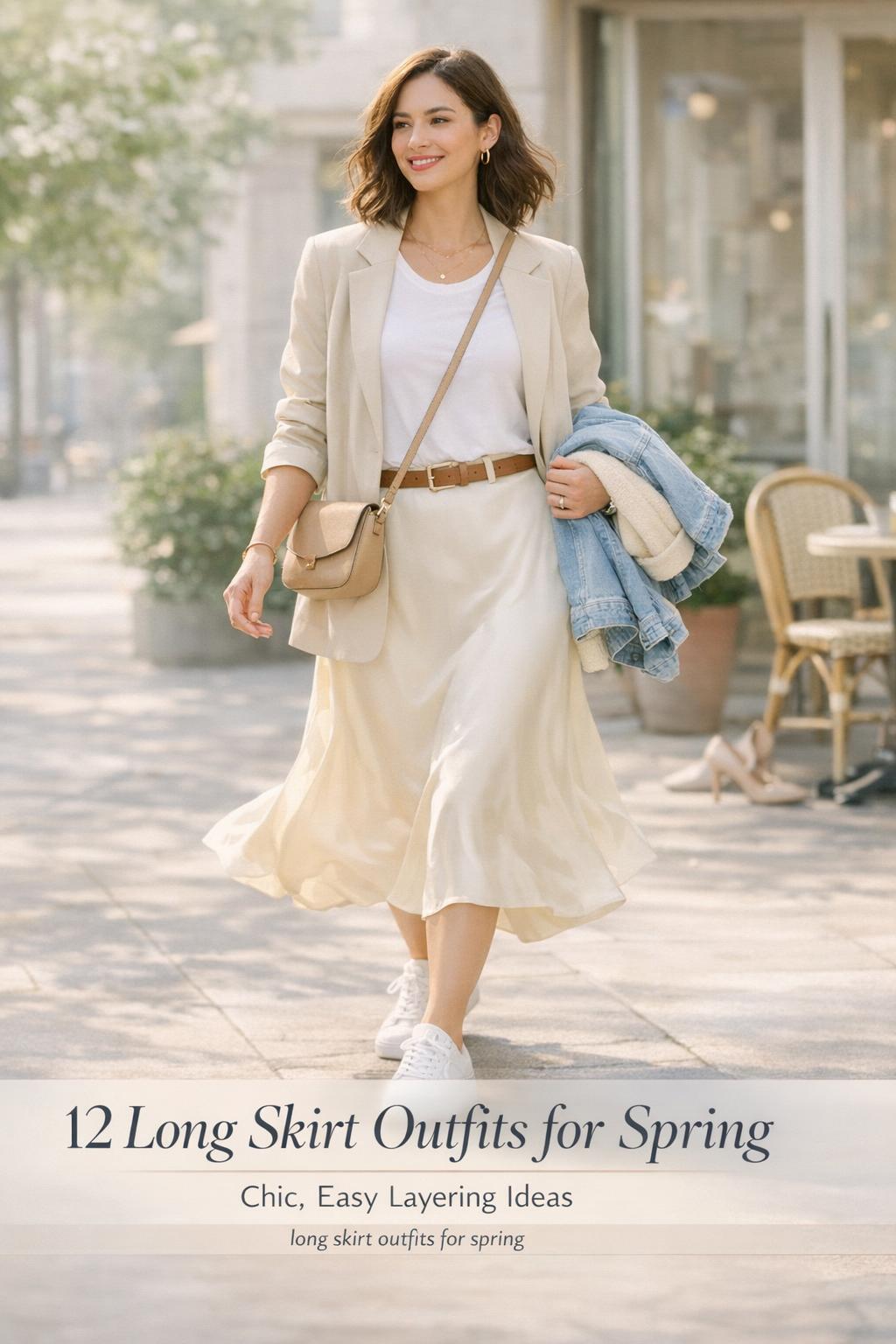 Long skirt outfits for spring: stylish woman in ivory satin midi skirt and beige blazer walking past a modern cafe