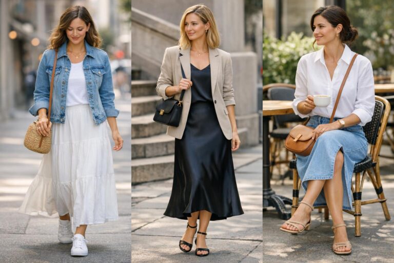 Long skirt outfits for spring with a neutral midi skirt, white tee, blazer, and sneakers on a city street