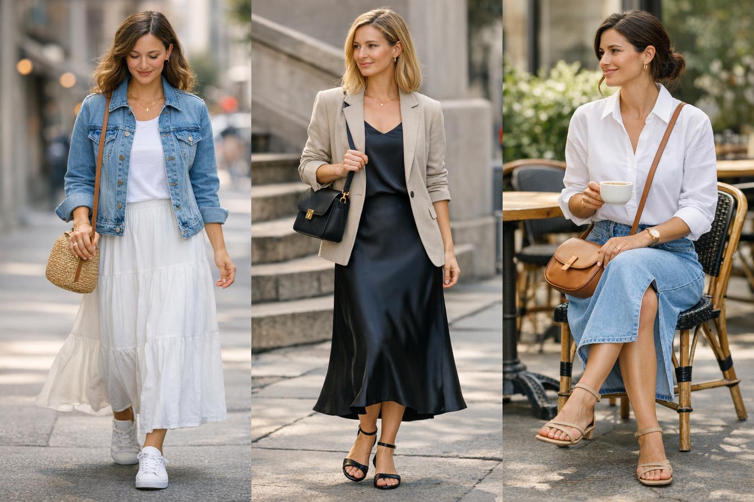 Long skirt outfits for spring with a neutral midi skirt, white tee, blazer, and sneakers on a city street