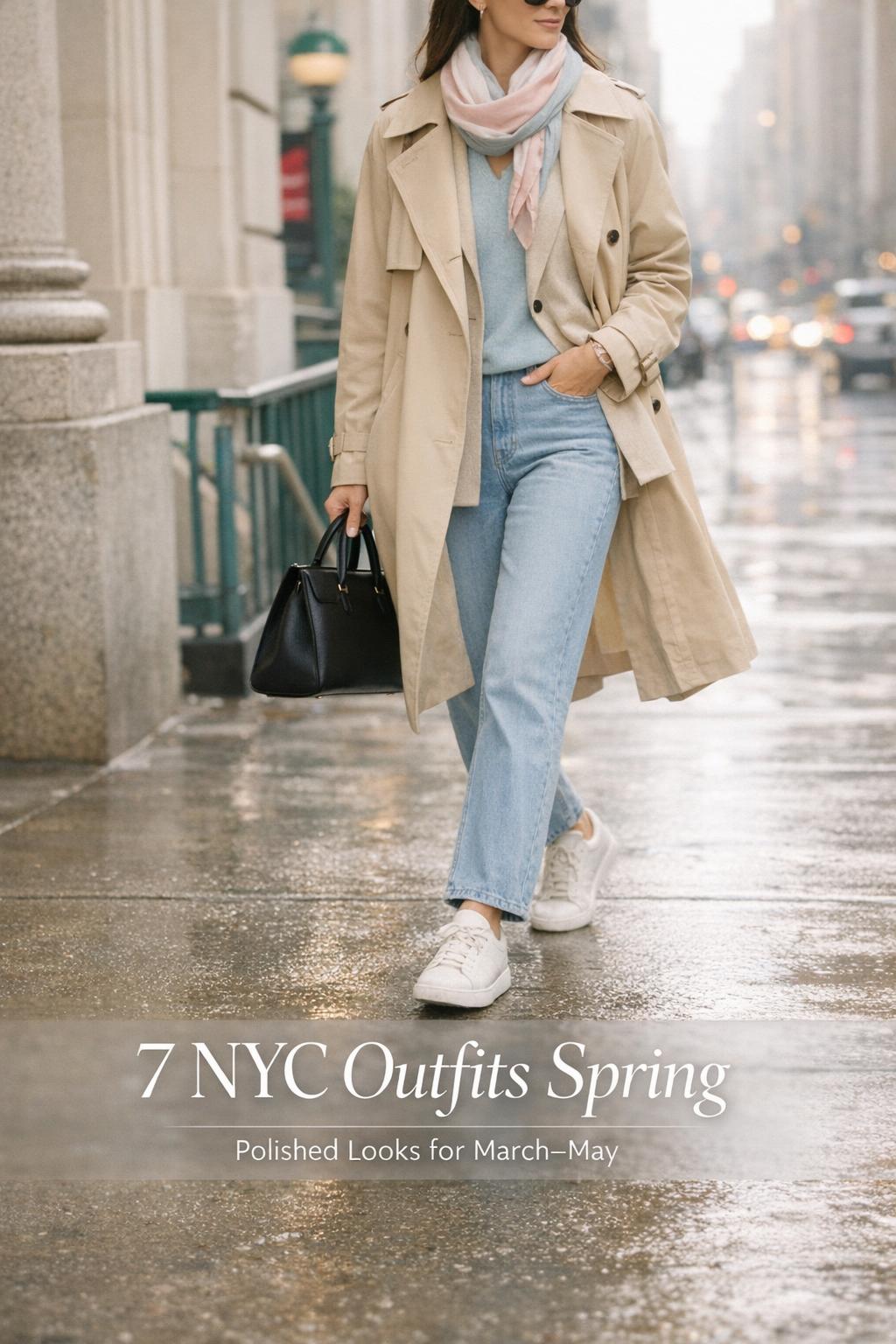 nyc outfits spring photo of a beige trench coat look on a bright Manhattan sidewalk near a subway entrance