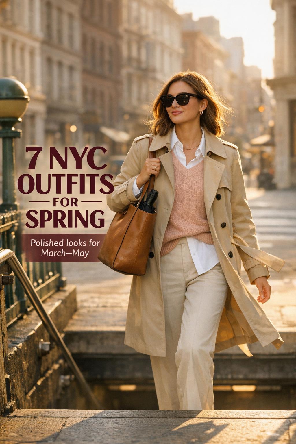 NYC outfits spring Pinterest photo of a woman in beige trench leaving SoHo subway at golden hour with tote and umbrella