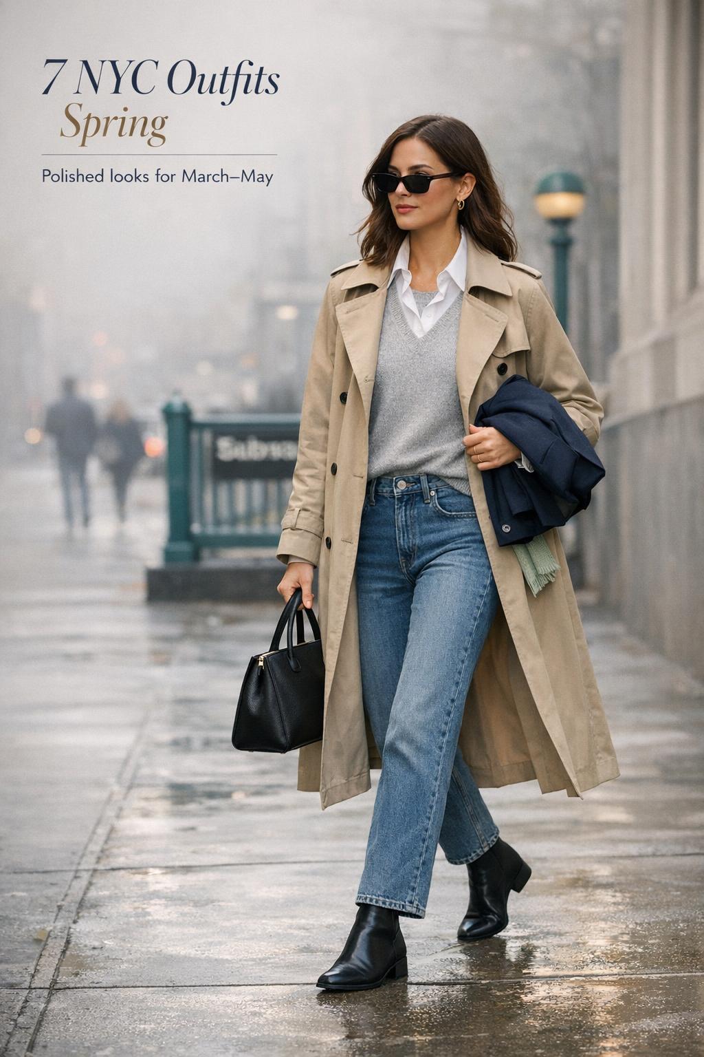 NYC outfits spring street style: woman in beige trench, jeans, black boots, carrying bag near subway entrance on wet sidewalk
