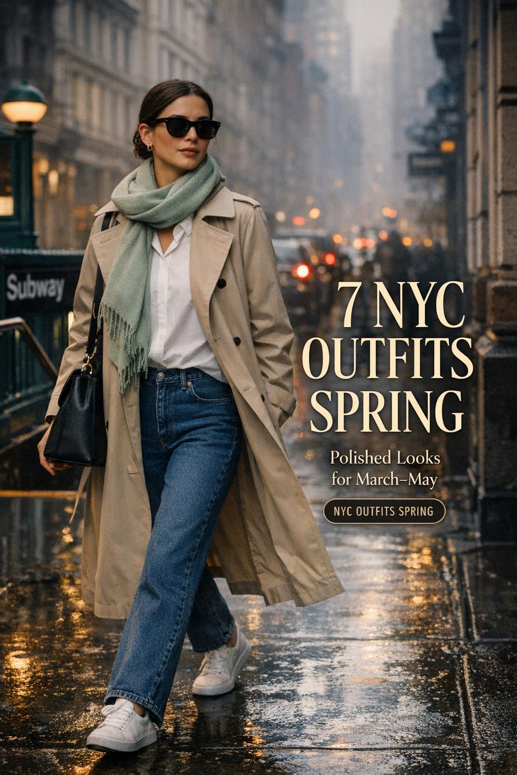 nyc outfits spring street style near subway entrance, woman in trench coat on wet SoHo sidewalk with cinematic text