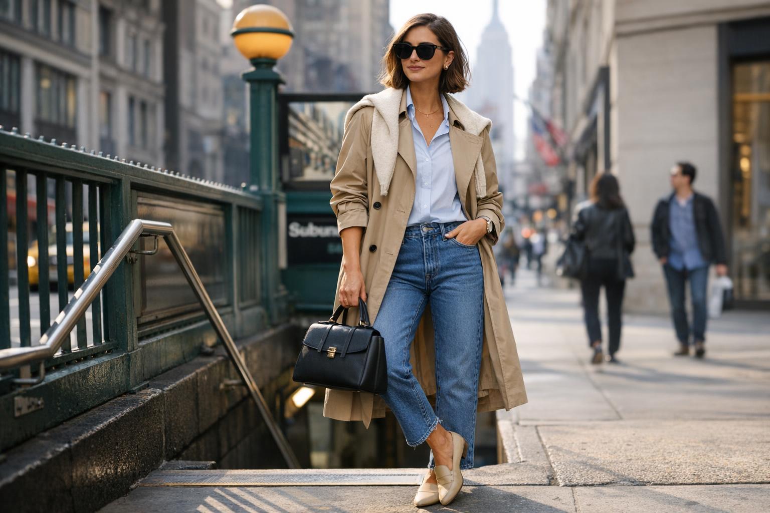 NYC outfits spring street style with trench coat, knit sweater, straight-leg jeans, and loafers on a city sidewalk