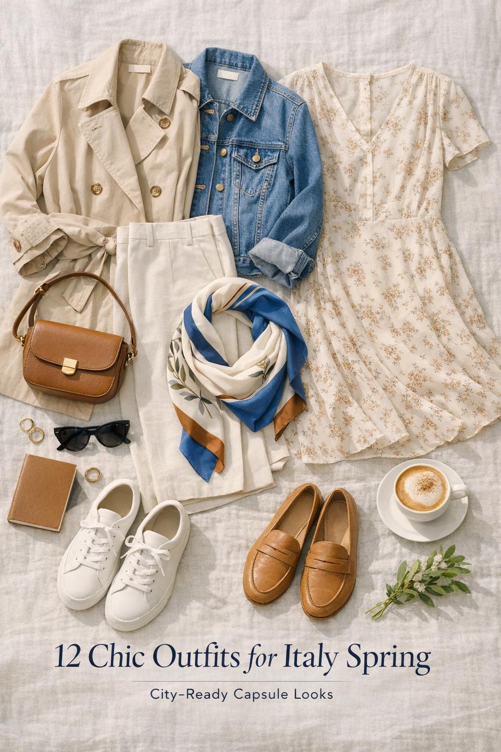 Outfits for Italy spring flat lay featuring trench coat, blazer, cream pants, floral dress, scarf, shoes, and travel accents