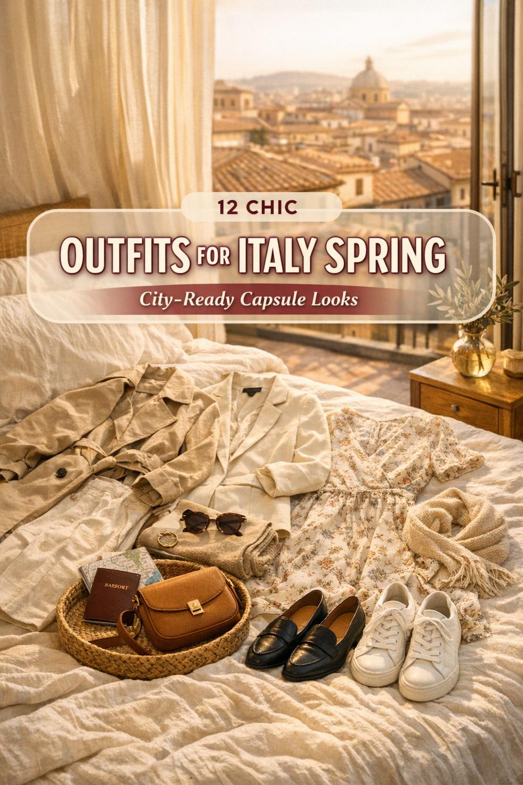 Outfits for italy spring capsule wardrobe laid on a sunlit hotel bed with balcony view, trench, dress, shoes, passport
