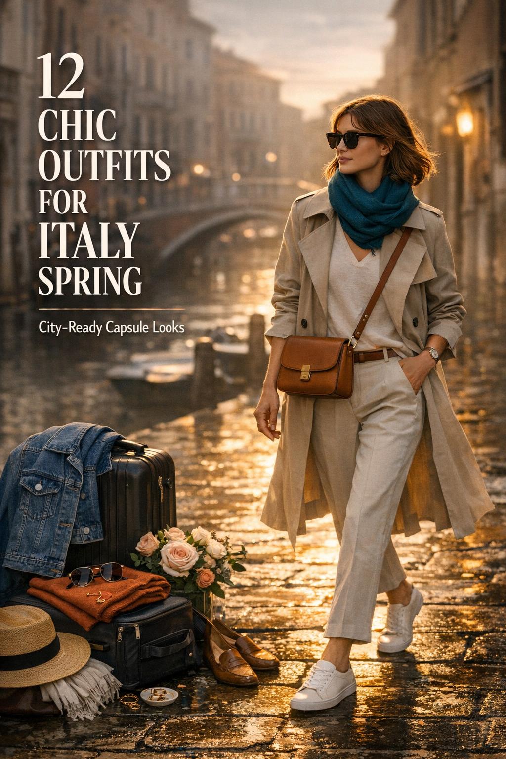 Outfits for Italy spring capsule wardrobe scene on a moody Italian street at dusk with chic woman and suitcase