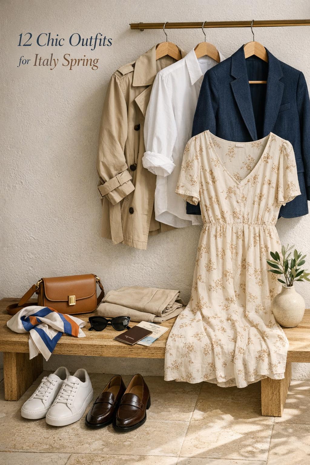 Outfits for Italy spring capsule wardrobe flat lay in a sunlit Milan entryway with trench coat, dress, scarf, bags and shoes