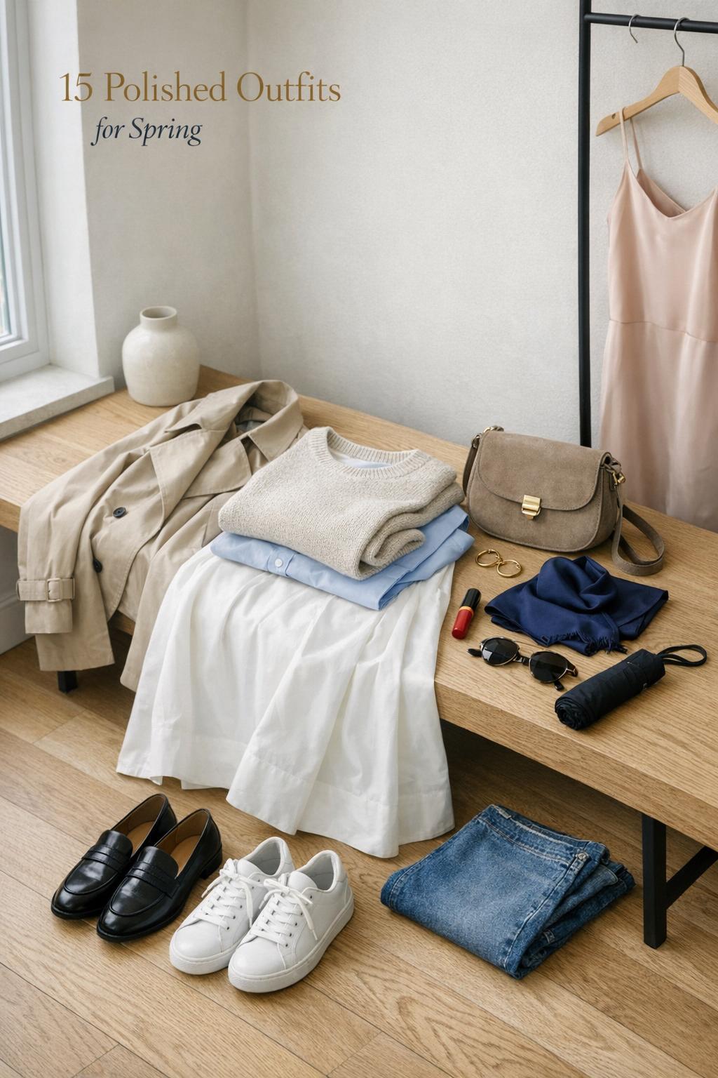 Outfits for spring flat lay in a bright minimalist entryway with trench coat, poplin skirt, knit sweater, loafers, and sneakers