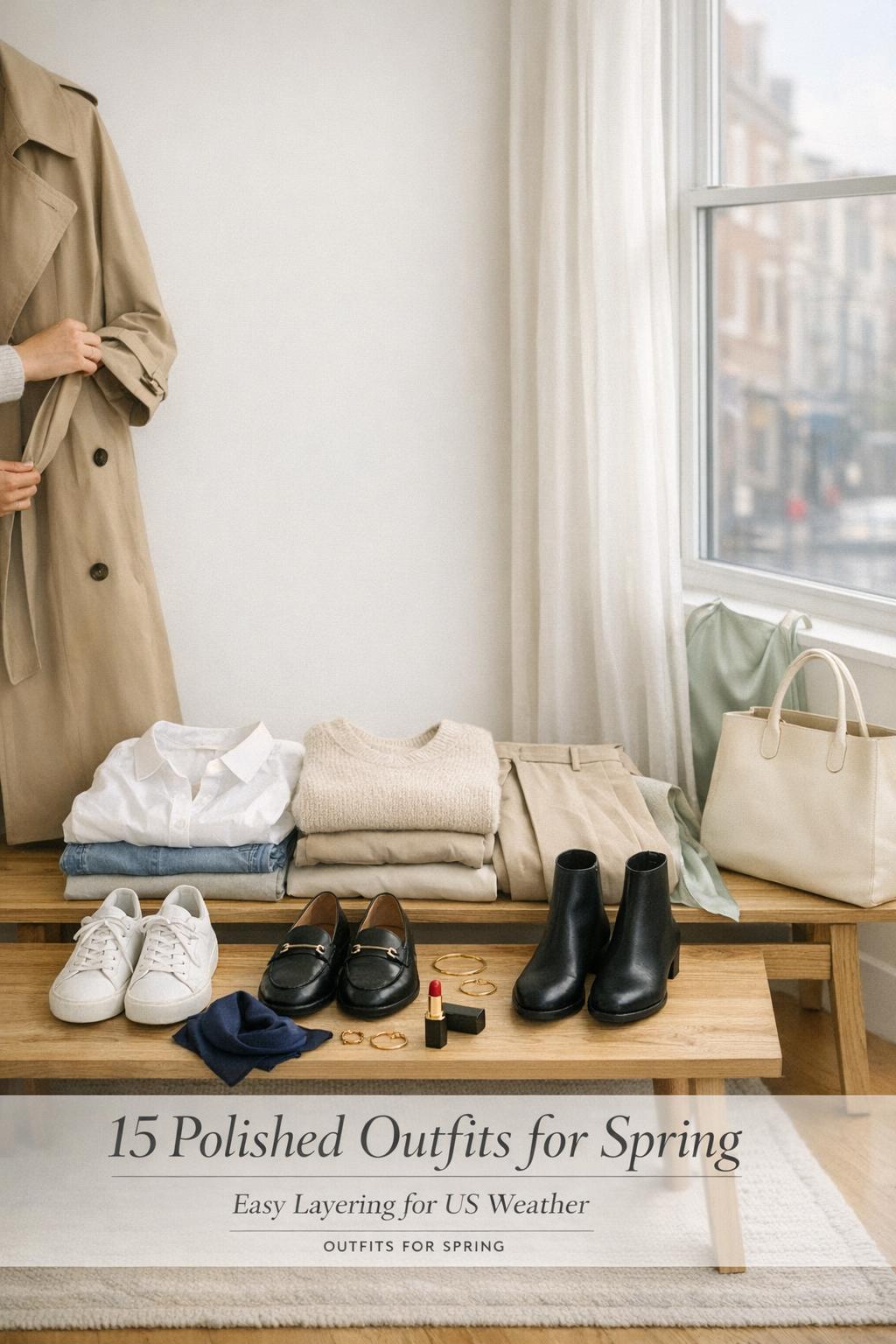 Outfits for spring laid out in a bright apartment entryway with trench, skirt, knits, denim, shoes and tote