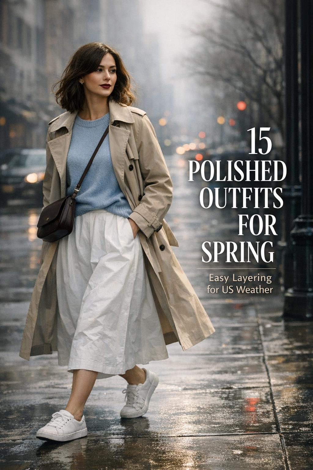 Outfits for spring lookbook photo of a woman in trench coat and white midi skirt walking on a rainy US city street