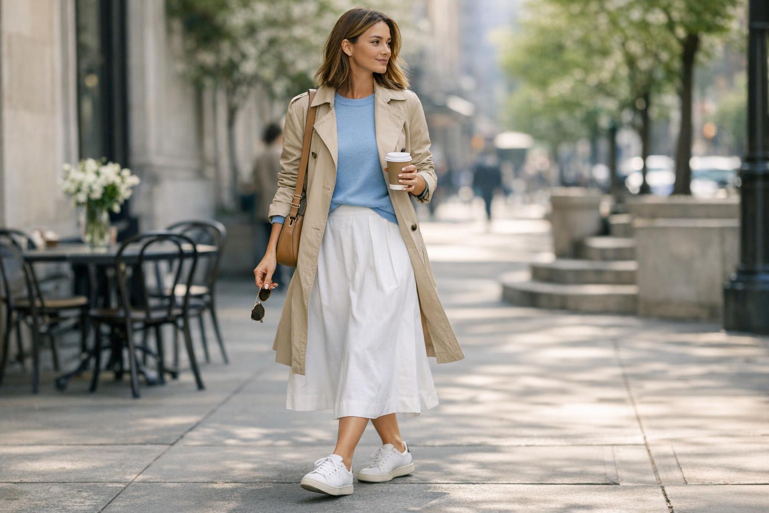 Outfits for spring featuring a white poplin skirt, lightweight neutral knit, and loafers on a city sidewalk