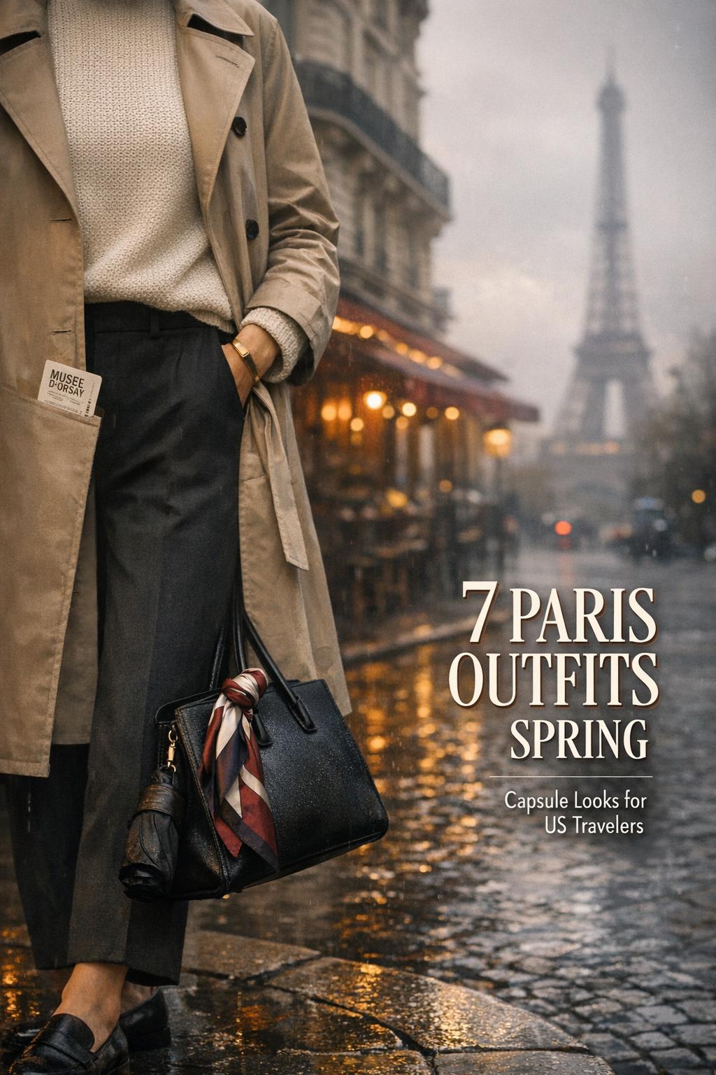 París street traveler in trench coat planning trip in drizzle, featuring paris outfits spring capsule style