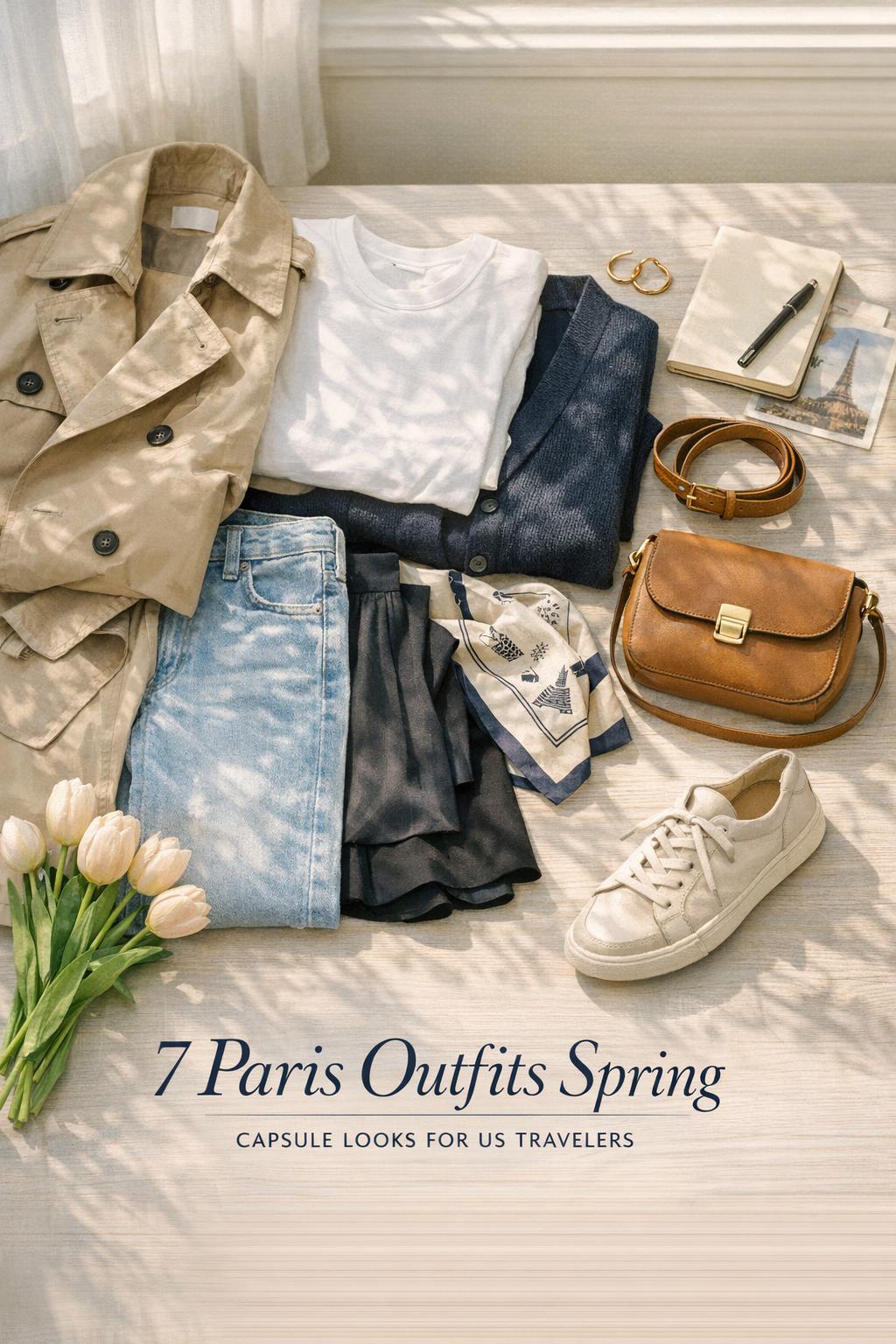 Paris outfits spring capsule wardrobe flat lay with trench coat, jeans, scarf, crossbody bag and tulips in morning light