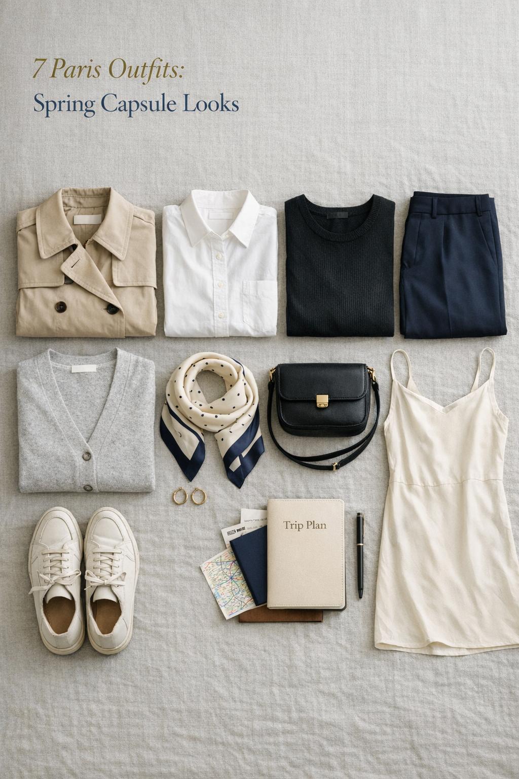 paris outfits spring capsule wardrobe flat lay with trench coat, scarf, planner, passport and metro map on linen