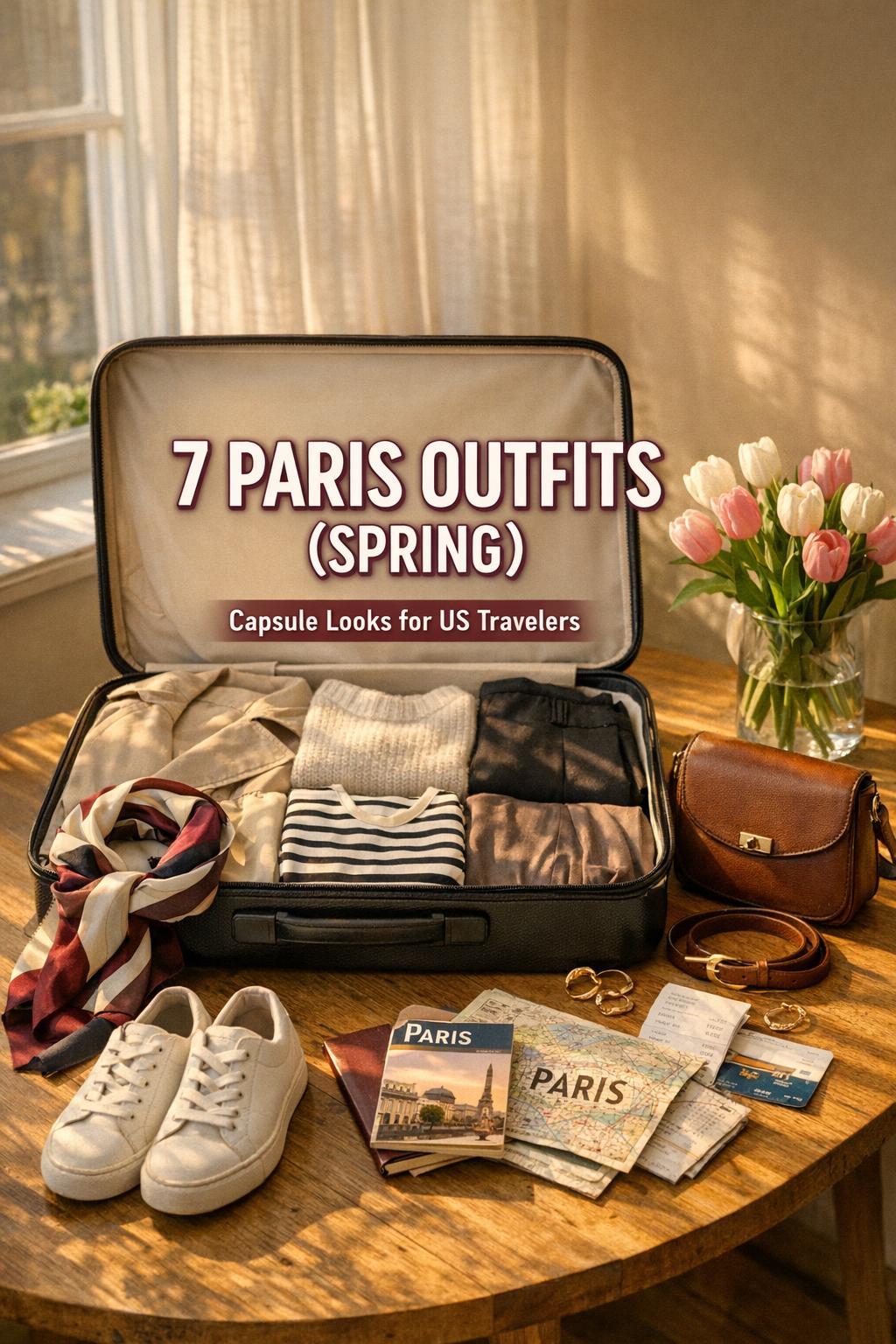 Paris outfits spring capsule wardrobe packed in a minimalist suitcase on an oak table in a sunlit apartment